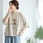 リネン プリント ラウンドネック ドルマンスリーブ 花模様 五分袖 Tシャツ