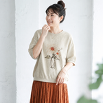 リネン プリント ラウンドネック ドルマンスリーブ 花模様 五分袖 Tシャツ