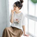 リネン プリント ラウンドネック ドルマンスリーブ 花模様 五分袖 Tシャツ
