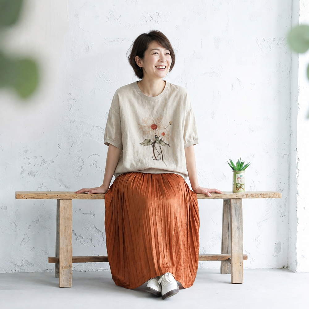 リネン プリント ラウンドネック ドルマンスリーブ 花模様 五分袖 Tシャツ