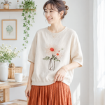 リネン プリント ラウンドネック ドルマンスリーブ 花模様 五分袖 Tシャツ