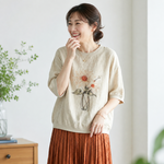 リネン プリント ラウンドネック ドルマンスリーブ 花模様 五分袖 Tシャツ