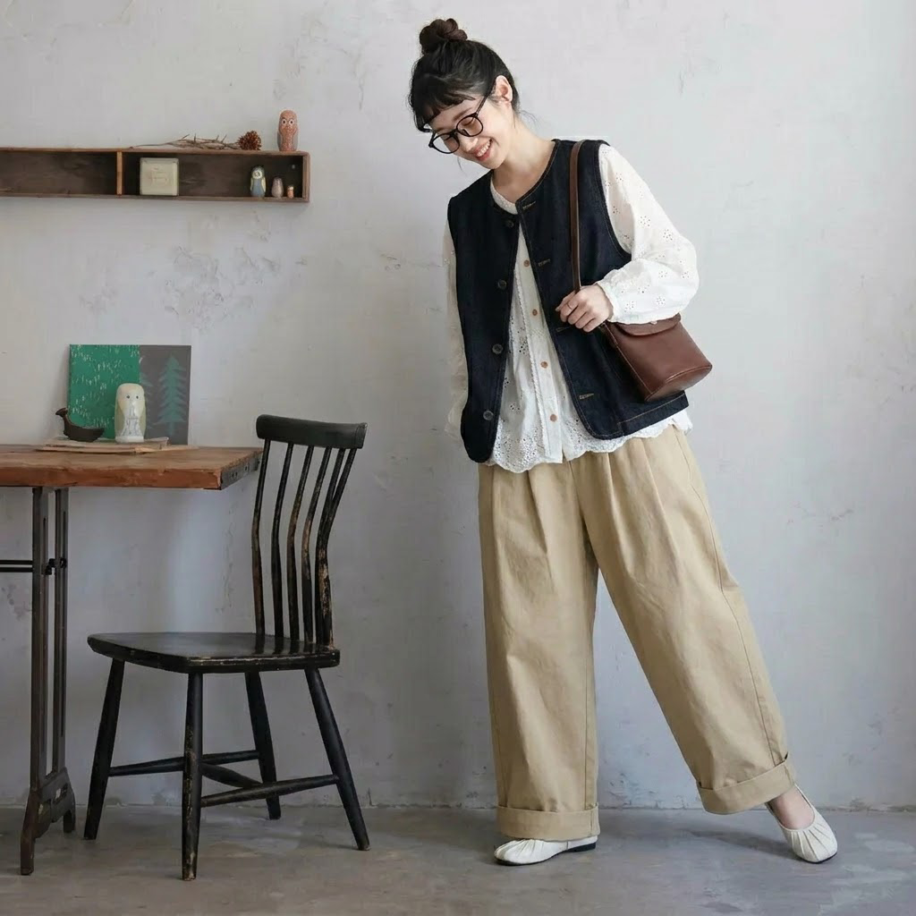 デニムベスト・長袖シャツ・ワイドパンツ 単品・セット販売