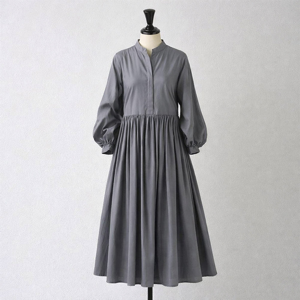 M／L Aライン パフスリーブ 七分袖 プリーツ 無地 ワンピース