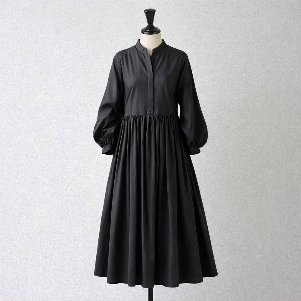 M／L Aライン パフスリーブ 七分袖 プリーツ 無地 ワンピース