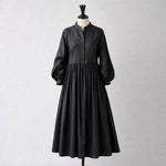 M／L Aライン パフスリーブ 七分袖 プリーツ 無地 ワンピース