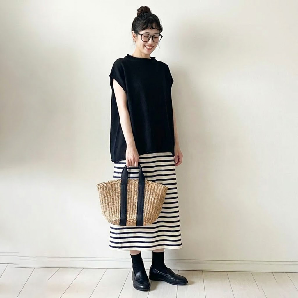 小さめタートルネック半袖トップス＆スカート2点セット