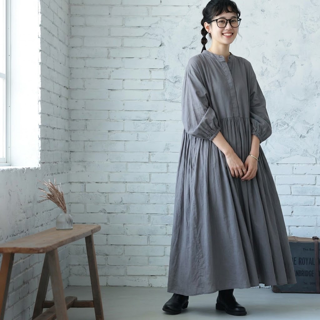 M／L Aライン パフスリーブ 七分袖 プリーツ 無地 ワンピース