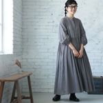 M／L Aライン パフスリーブ 七分袖 プリーツ 無地 ワンピース