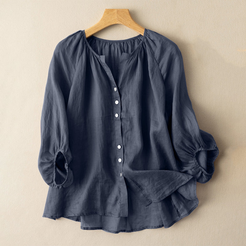 S～5XL 無地 ラウンドネック ボタン シャツ
