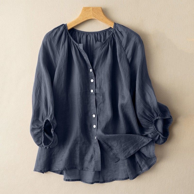 S～5XL 無地 ラウンドネック ボタン シャツ