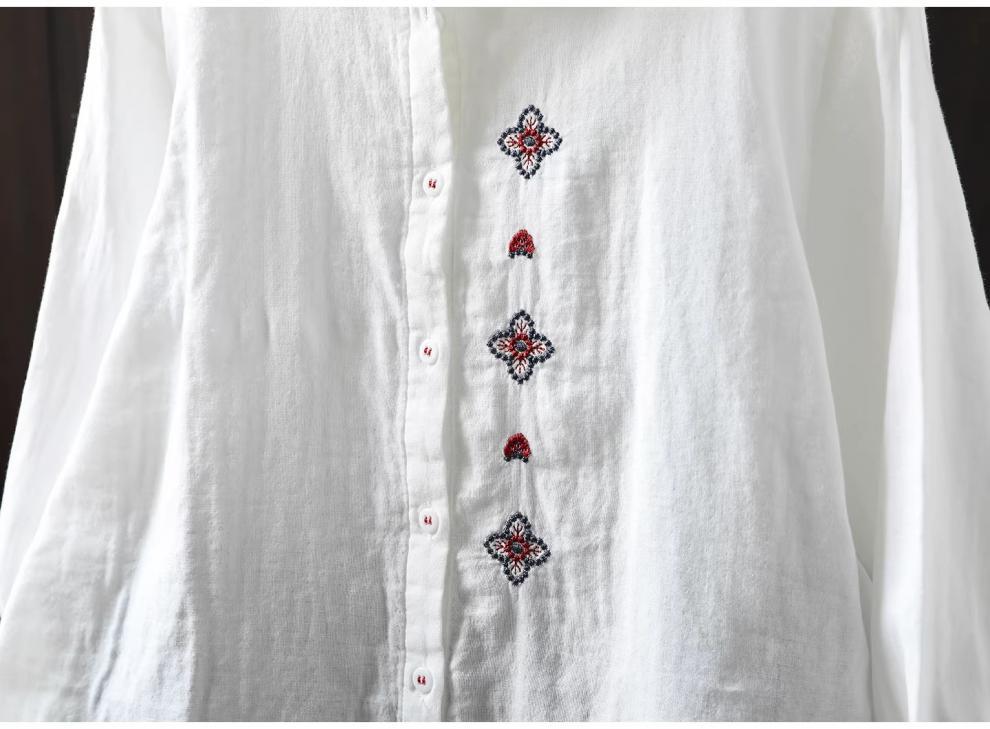刺繍 長袖 折り襟 シングルブレスト シャツ