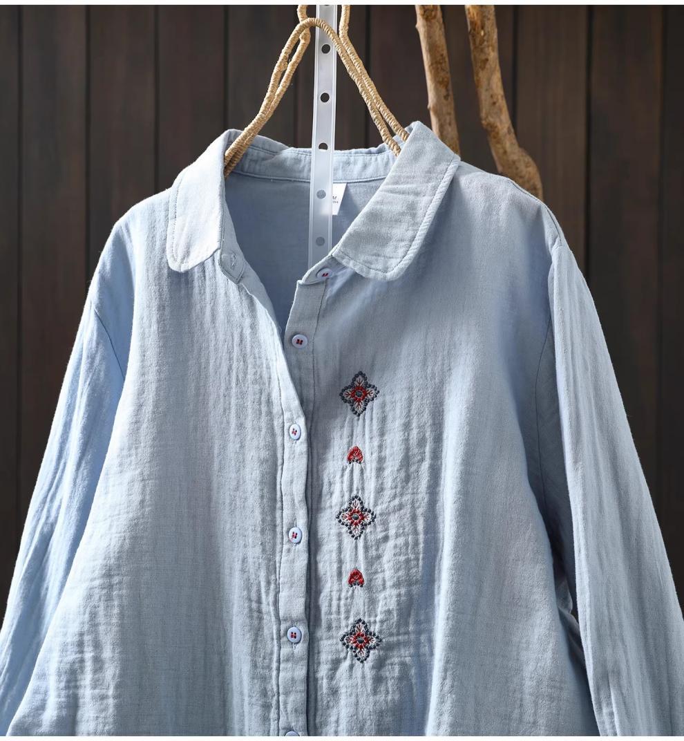 刺繍 長袖 折り襟 シングルブレスト シャツ