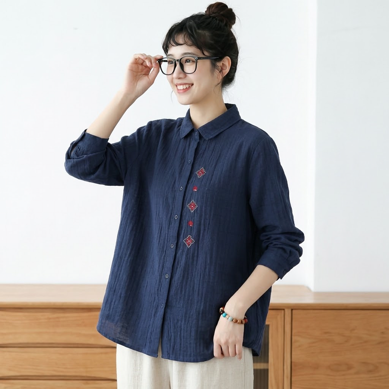 刺繍 長袖 折り襟 シングルブレスト シャツ