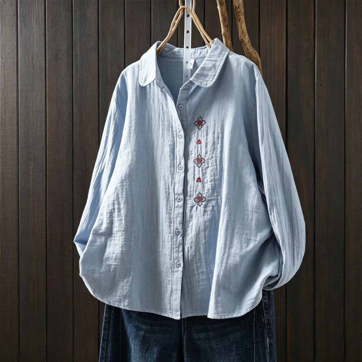 刺繍 長袖 折り襟 シングルブレスト シャツ