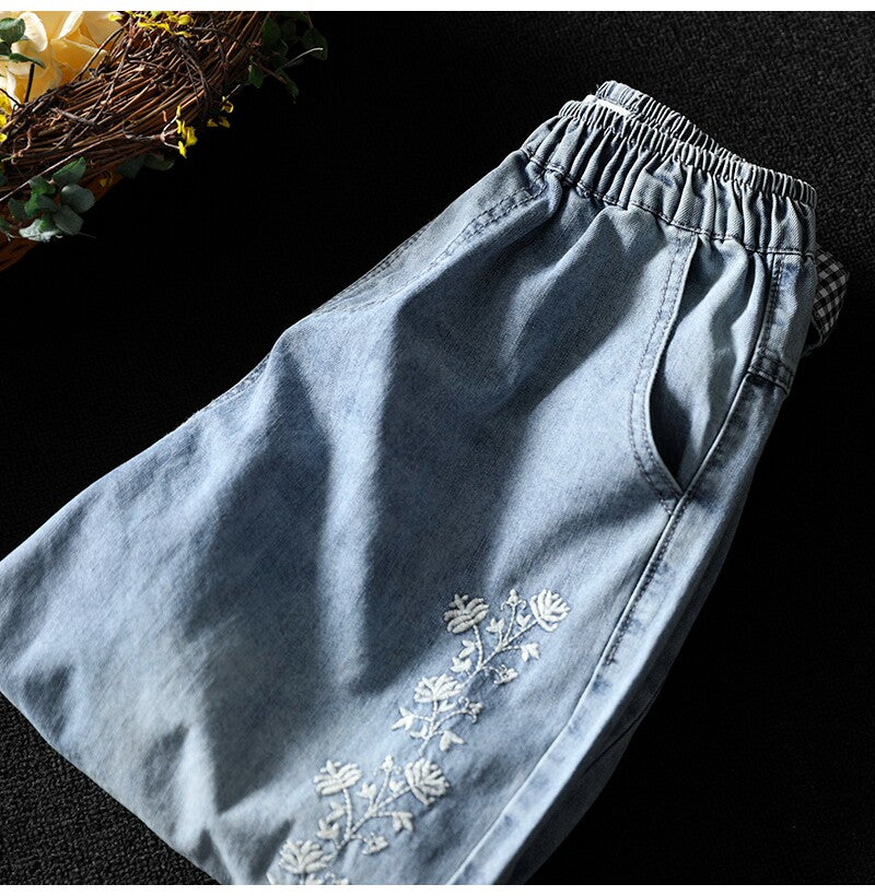 ゆったり好きの 刺繍チェック柄デニムパンツ