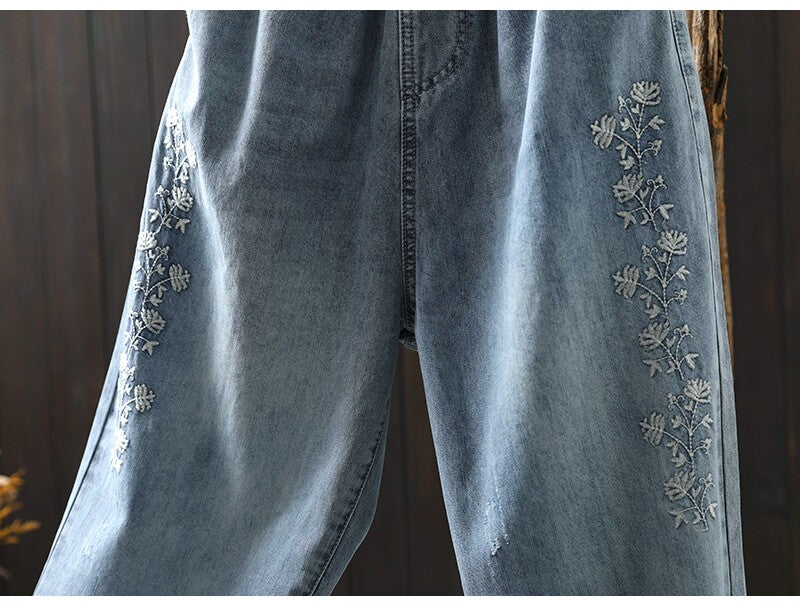 ゆったり好きの 刺繍チェック柄デニムパンツ