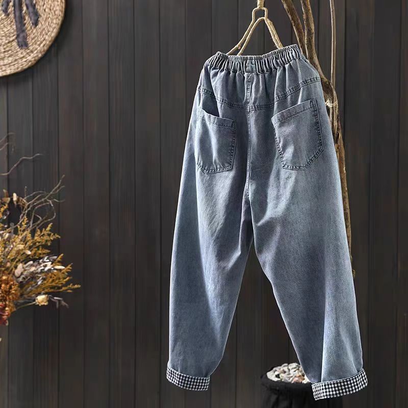 ゆったり好きの 刺繍チェック柄デニムパンツ