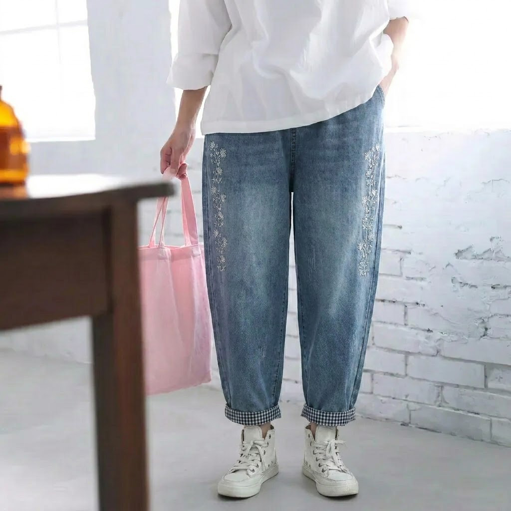 ゆったり好きの 刺繍チェック柄デニムパンツ