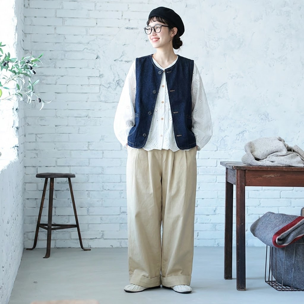 デニムベスト・長袖シャツ・ワイドパンツ 単品・セット販売