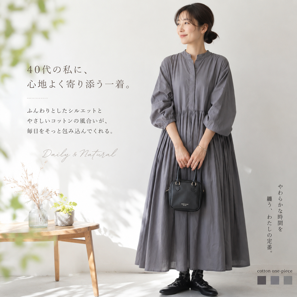 M／L Aライン パフスリーブ 七分袖 プリーツ 無地 ワンピース