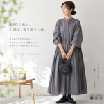 M／L Aライン パフスリーブ 七分袖 プリーツ 無地 ワンピース