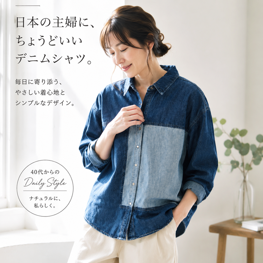 配色切替 アシンメトリーデニムシャツ