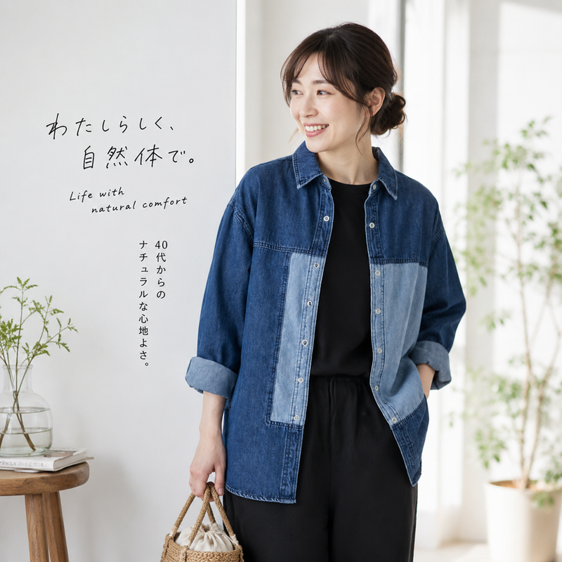 配色切替 アシンメトリーデニムシャツ