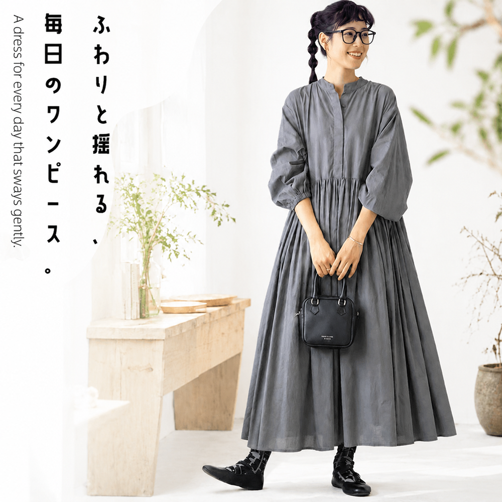 M／L Aライン パフスリーブ 七分袖 プリーツ 無地 ワンピース