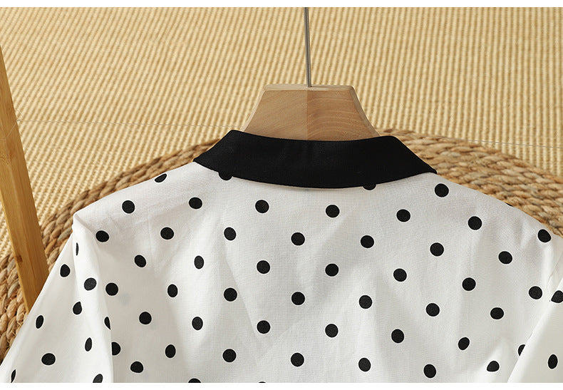 七分袖 ドット柄 ボタン ポロカラー Tシャツ