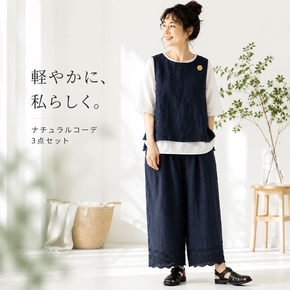 五分袖ブラウス・ノースリーブトップス・ワイドパンツ 3点セット