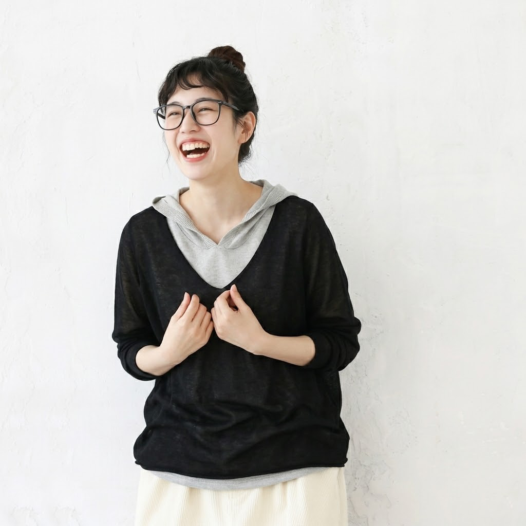 重ね着風 フード付き 配色 長袖 レトロ Tシャツ