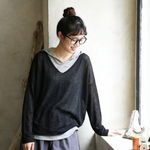 重ね着風 フード付き 配色 長袖 レトロ Tシャツ