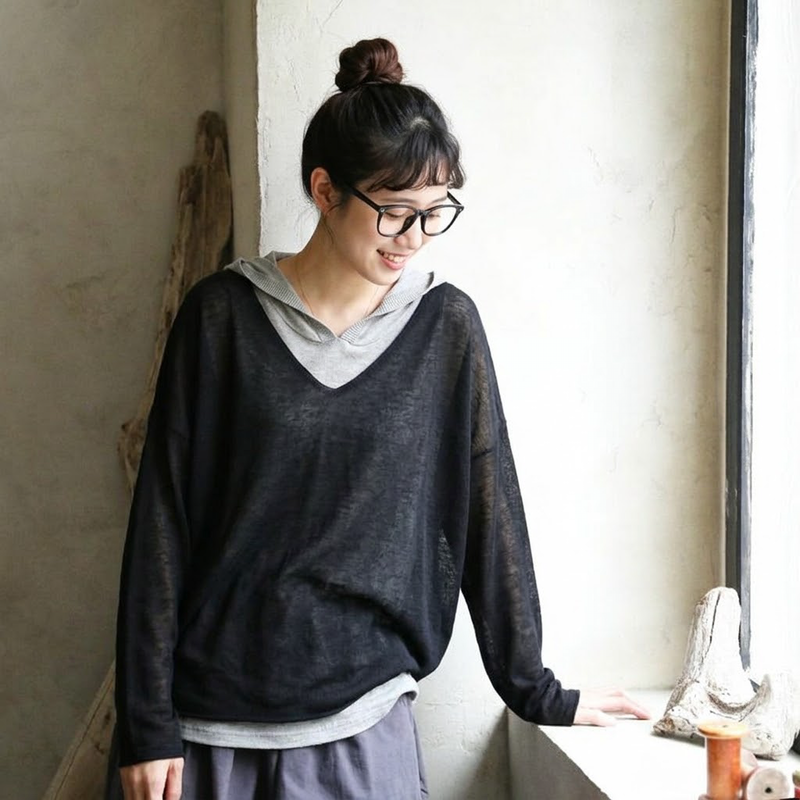 重ね着風 フード付き 配色 長袖 レトロ Tシャツ