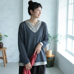 重ね着風 フード付き 配色 長袖 レトロ Tシャツ