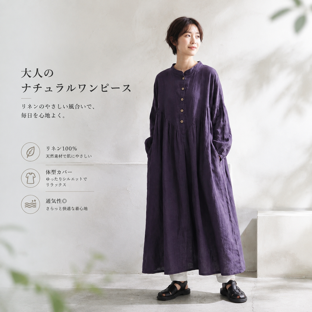 綿麻 バンドカラー長袖ストレートワンピース