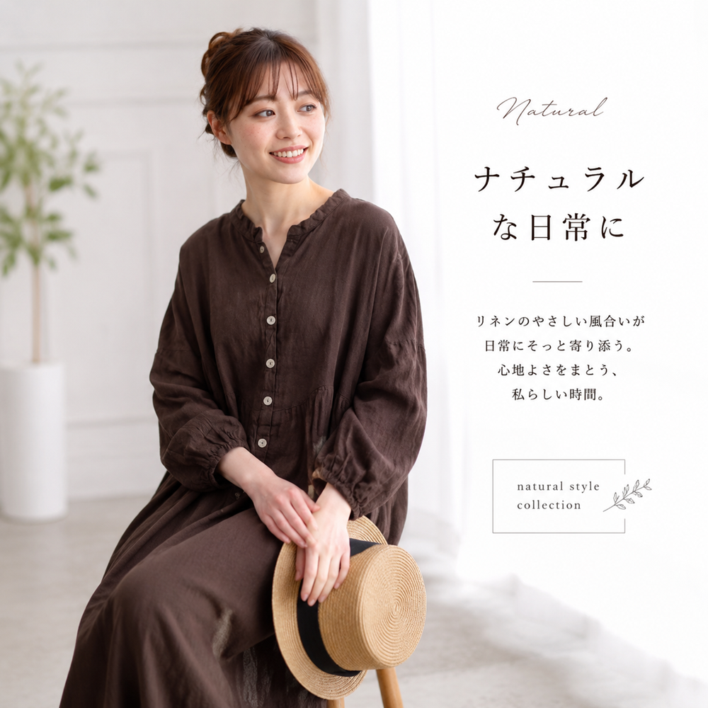 綿麻 バンドカラー長袖ストレートワンピース