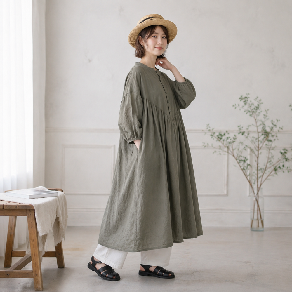 綿麻 バンドカラー長袖ストレートワンピース