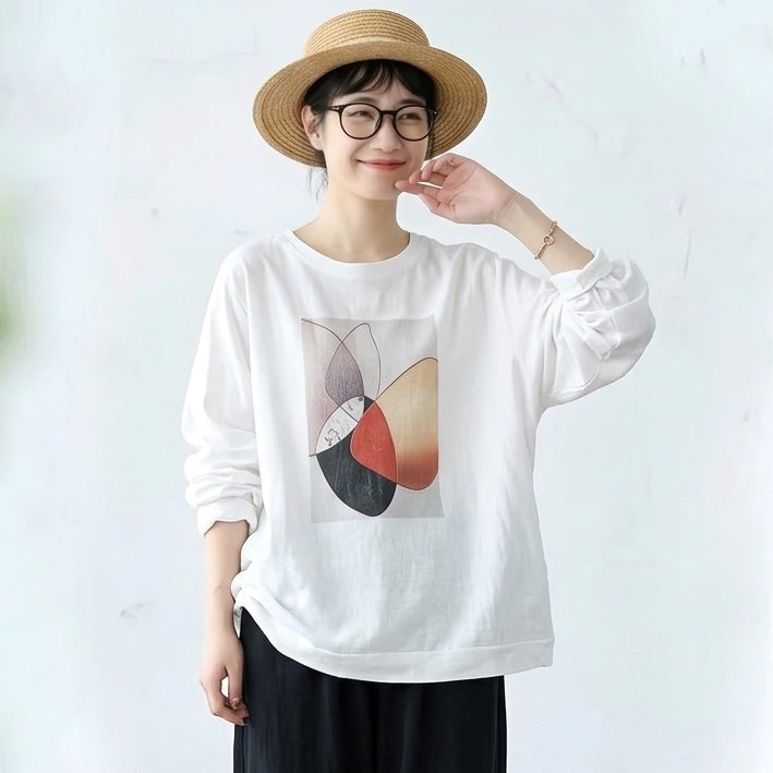 M-2XL プリント ラウンドネック シンプル Tシャツ-ホワイト-2XL