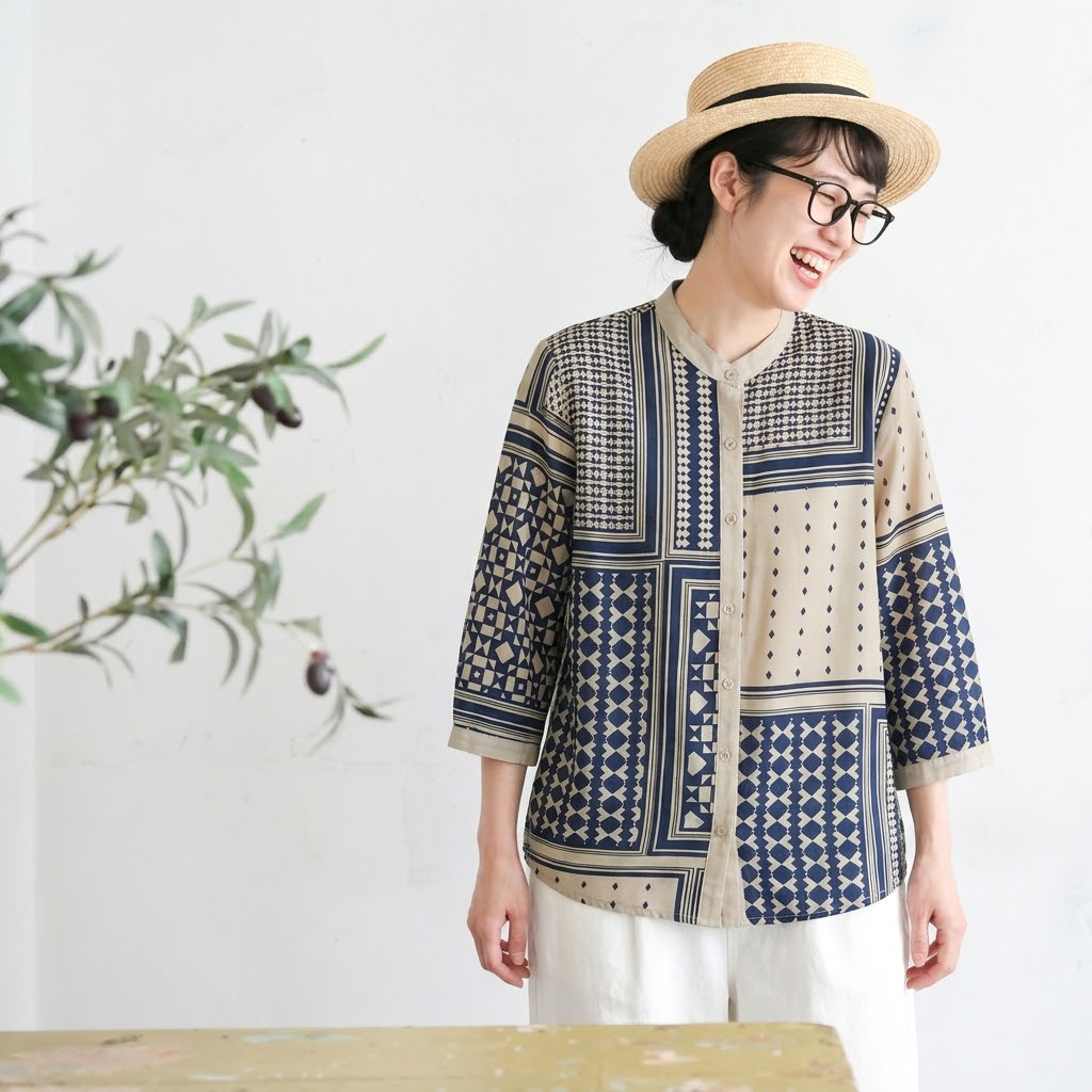 幾何模様 スタンドネック シングルブレスト 七分袖 シャツ