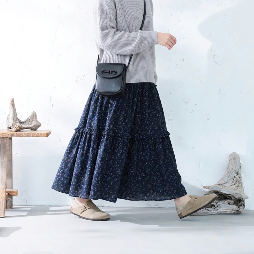 Aライン 切り替え 花柄プリント スカート
