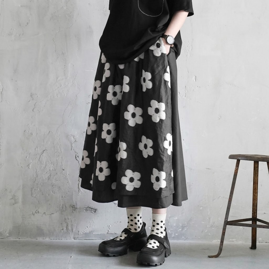 切り替え 刺繍 花模様 Aライン スカート