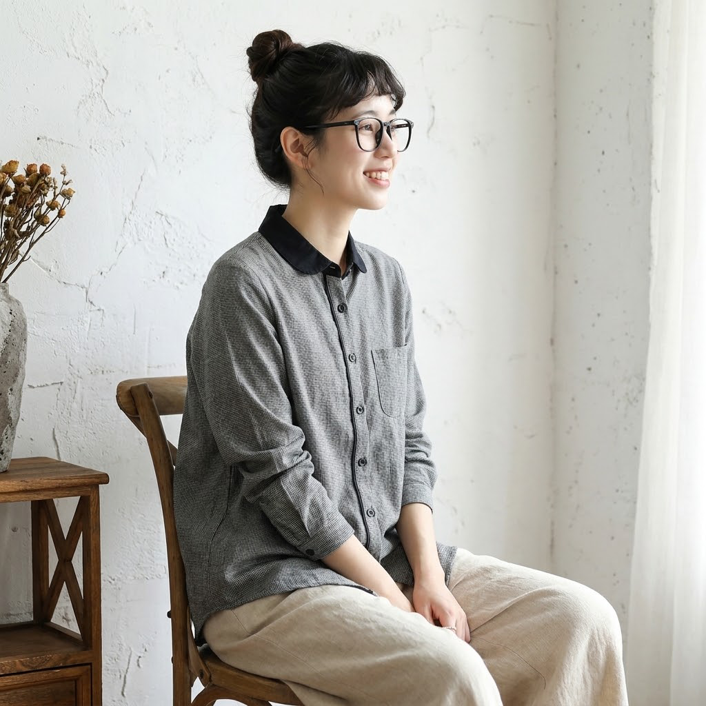 長袖 折り襟 シングルブレスト レトロ シャツ