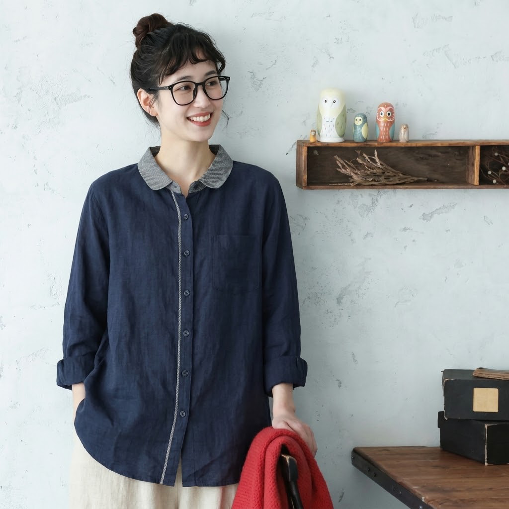 長袖 折り襟 シングルブレスト レトロ シャツ