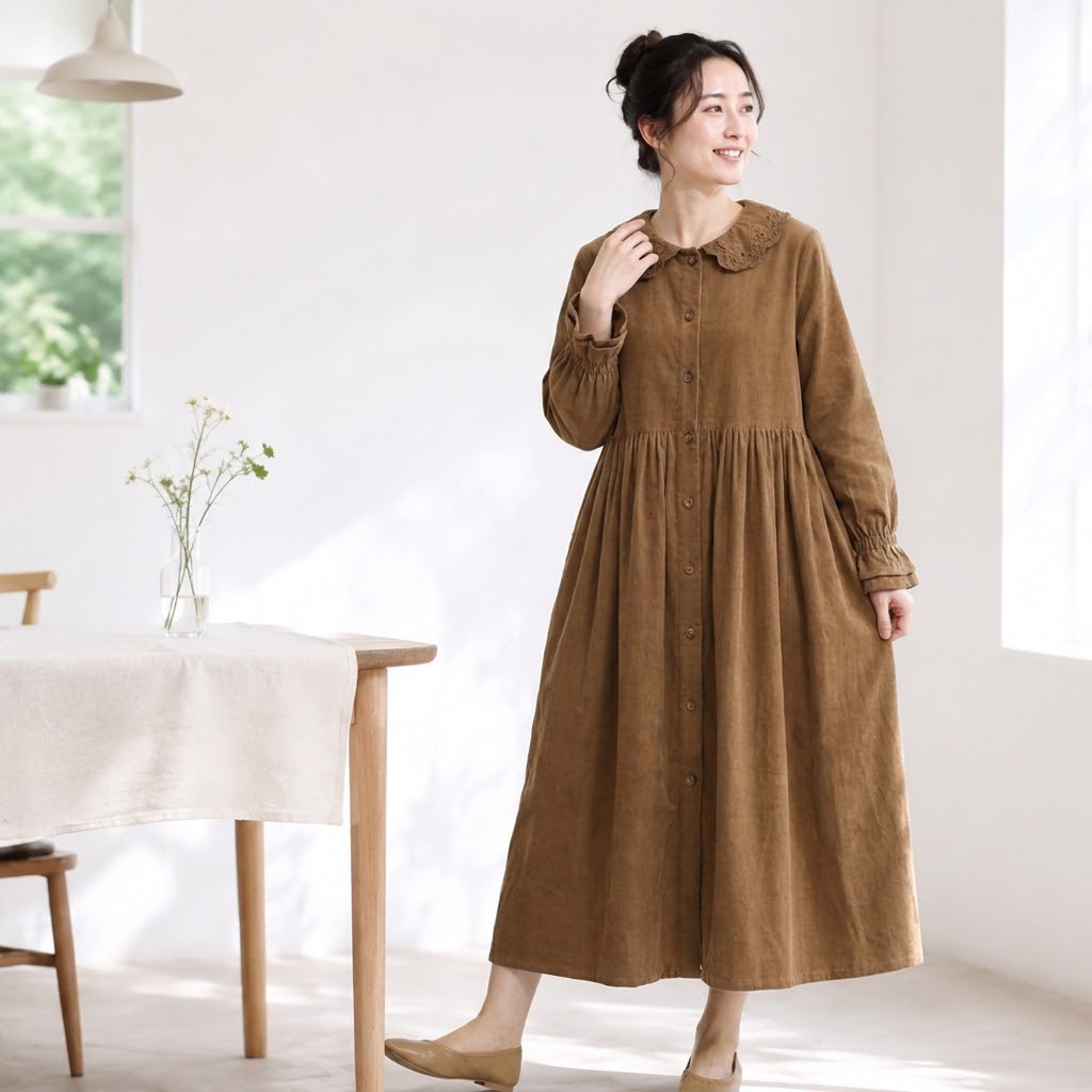 L～4XL フリル袖 長袖 無地 レトロ ワンピース