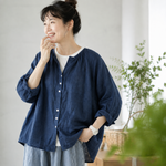 S～5XL 無地 ラウンドネック ボタン シャツ