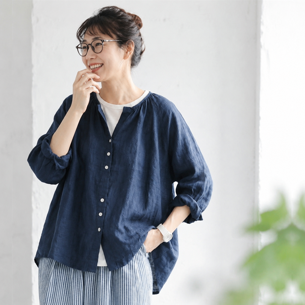 S～5XL 無地 ラウンドネック ボタン シャツ