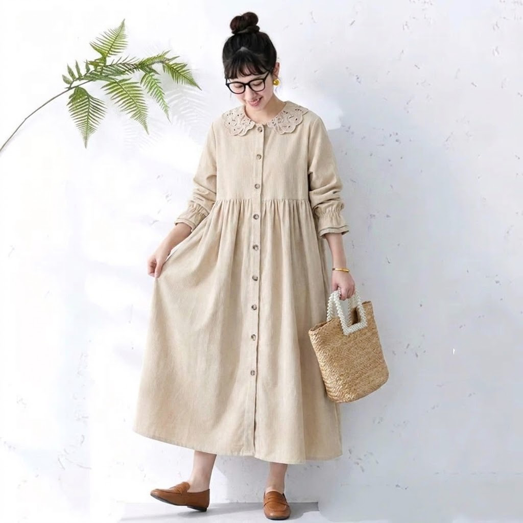 L～4XL フリル袖 長袖 無地 レトロ ワンピース