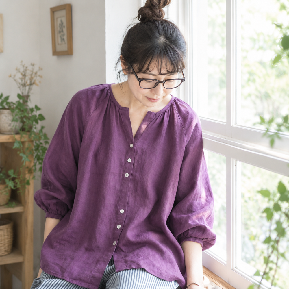S～5XL 無地 ラウンドネック ボタン シャツ