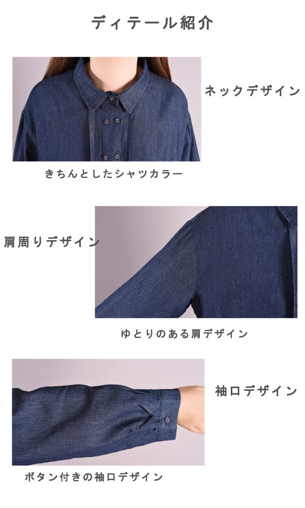 デニム シャツカラー プリーツ ダブルボタン シーズン移行向け 長袖 ワンピース